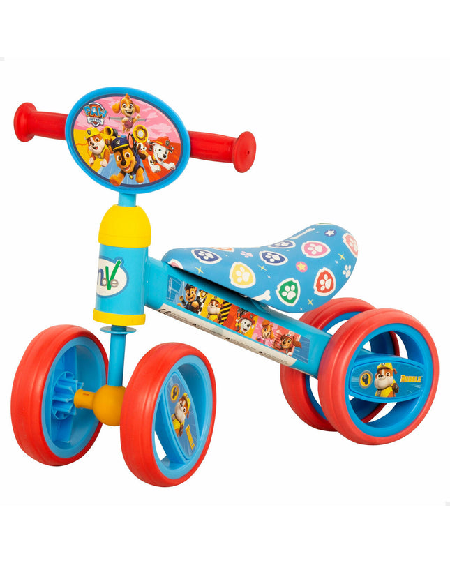 Two Paw Patrol ride-on toy driewielers, colorful plastic scooters with character designs, measuring 47x37x25 cm for outdoor play.
