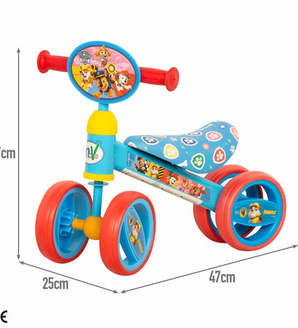 Two Paw Patrol ride-on toys, 47x37x25 cm, featuring colorful design, suitable for outdoor play and active fun.