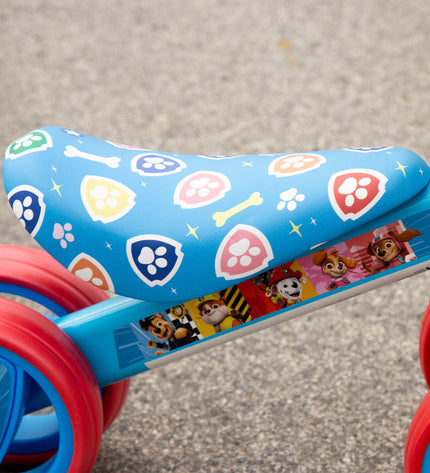 Two Paw Patrol ride-on toy bikes, 47x37x25 cm, designed for outdoor play, featuring bright colors and character graphics.