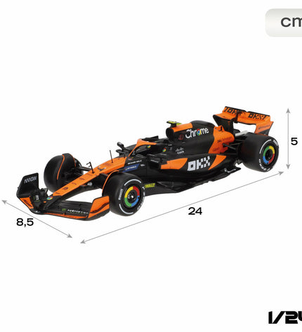 Set of four McLaren F1 2024 toy cars, detailed miniature vehicles from the McLaren brand, perfect for play and collection.