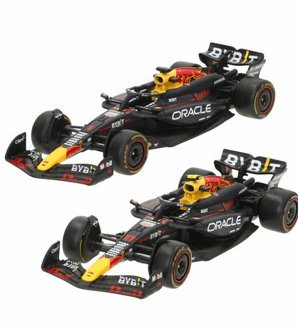 Set of six Red Bull F1 2024 RB20 toy cars, detailed miniature vehicles from the Red Bull racing team.