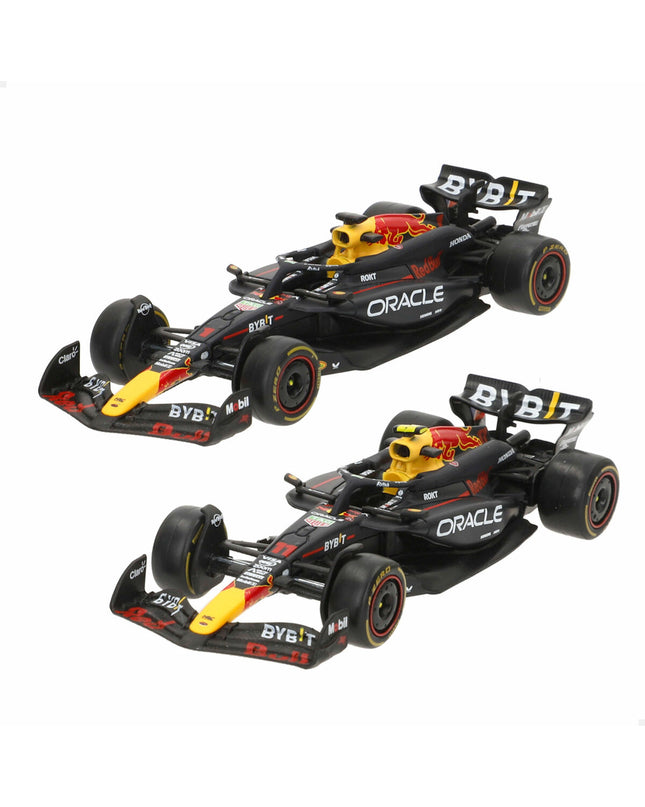 Set of six Red Bull F1 2024 RB20 toy cars, detailed miniature vehicles from the Red Bull racing team.