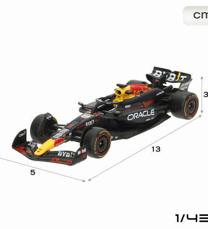 Six Red Bull F1 2024 RB20 toy cars in red, black, and yellow, designed for play and collection, showing detailed vehicle features.