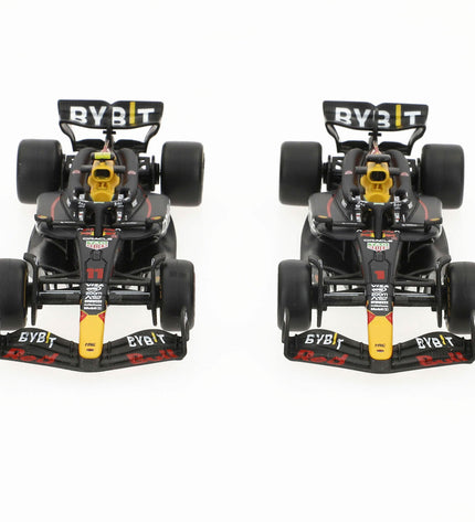Six Red Bull F1 2024 RB20 toy cars, miniature vehicle toys from the Red Bull brand, displayed in a row.