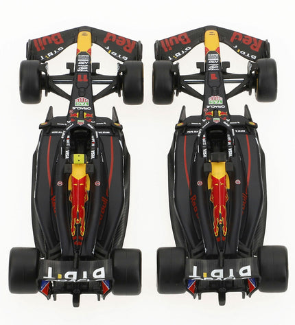 Six Red Bull F1 2024 RB20 toy cars, miniature racing vehicles for children, featuring detailed design and vibrant red color.