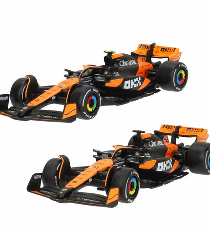 Set of six McLaren F1 2024 toy cars, miniature vehicle models from the McLaren brand, suitable for play and collection.