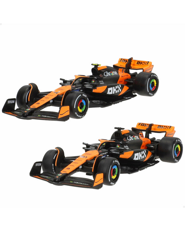 Set of six McLaren F1 2024 toy cars, miniature vehicle models from the McLaren brand, suitable for play and collection.