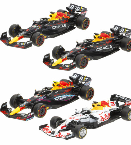 Set of four Red Bull Verstap toy cars, colorful miniature vehicles for children, featuring detailed red and blue designs.