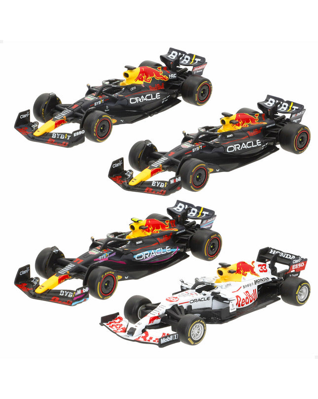 Set of four Red Bull Verstap toy cars, colorful miniature vehicles for children, featuring detailed red and blue designs.