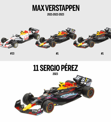 Set of four Red Bull Verstap toy cars, colorful miniature vehicles for children, part of play and vehicle toys collection.