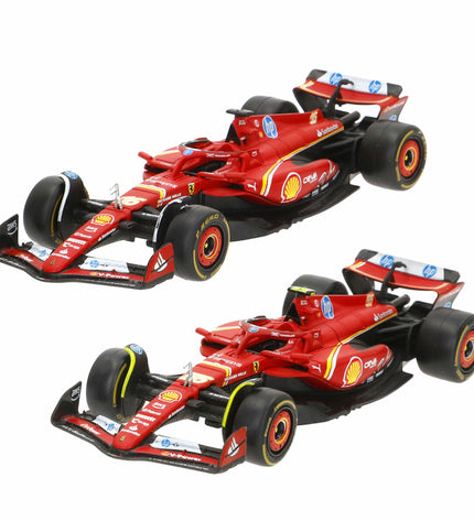 Six Ferrari F1 2024 toy cars in red with detailed racing designs, perfect for play and collection.