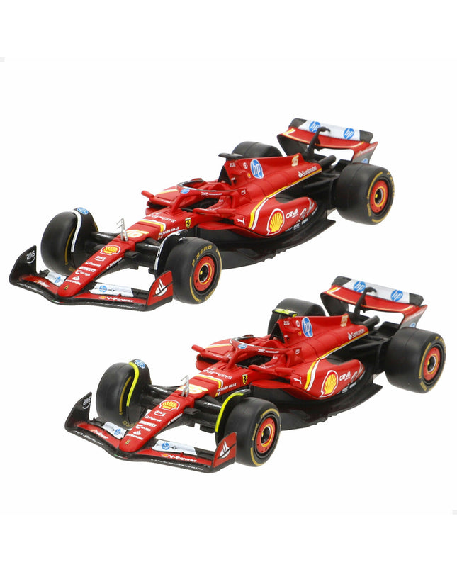 Six Ferrari F1 2024 toy cars in red with detailed racing designs, perfect for play and collection.