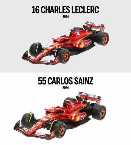 Six Ferrari F1 2024 toy cars, detailed miniature race cars from Ferrari, in vibrant red with racing decals.