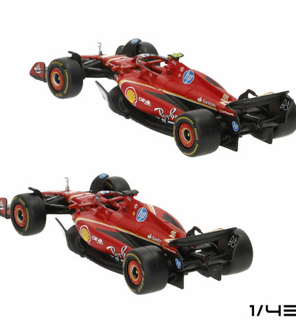 Six Ferrari F1 2024 toy race cars, detailed miniature vehicles for play and collection, featuring iconic Ferrari branding.