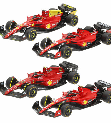 Set of four Ferrari Leclerc toy cars, detailed miniature vehicle toys for children, featuring iconic Ferrari racing car design.