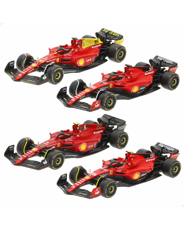Set of four Ferrari Leclerc toy cars, detailed miniature vehicle toys for children, featuring iconic Ferrari racing car design.