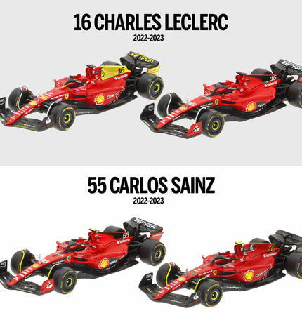 Set of four Ferrari Leclerc toy cars, detailed miniature vehicles for play and collection, featuring iconic Ferrari branding.