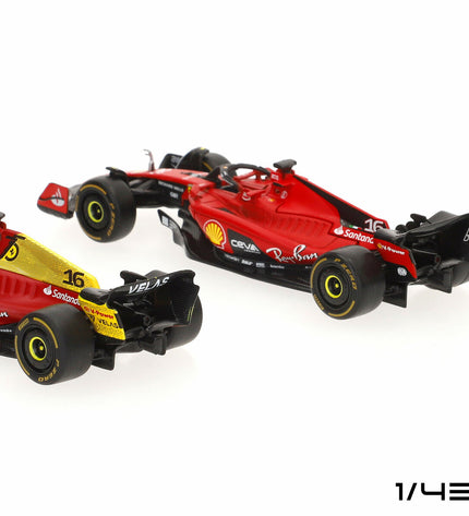 Set of four Ferrari Leclerc toy cars, miniature vehicle toys from the Ferrari brand, designed for play and collection.