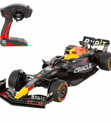 Two Red Bull F1 2023 remote-controlled toy cars, 1:10 scale, with detailed race car design, perfect for play and collection.