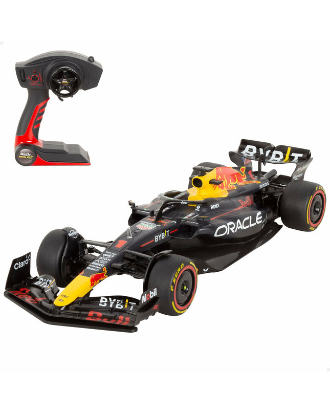 Two Red Bull F1 2023 remote-controlled toy cars, 1:10 scale, with detailed race car design, perfect for play and collection.