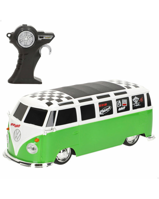 Set of four Volkswagen police car toys with remote control, each 20x8x9 cm, in bright colors, designed for kids’ play and vehicle fun.