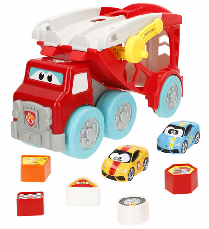 Set of two BigBuy Fun toy autotransporters and wagons, 32x19x15 cm, with 8 removable parts, for children’s play and vehicle fun.