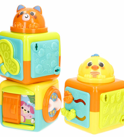 Set of six Winfun stacking blocks for babies, colorful plastic toys measuring 8.5 x 25 x 8.5 cm for young children to play with.