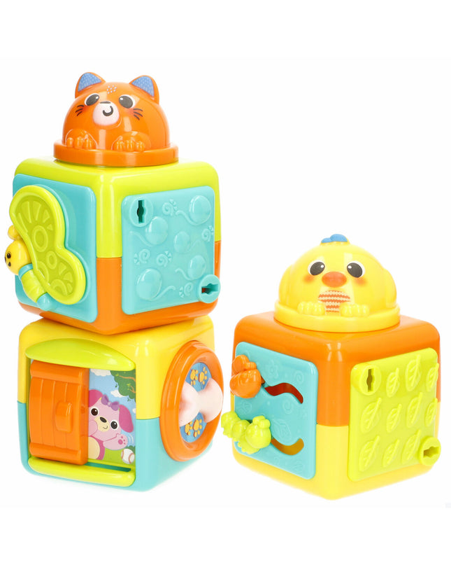 Set of six Winfun stacking blocks for babies, colorful plastic toys measuring 8.5 x 25 x 8.5 cm for young children to play with.