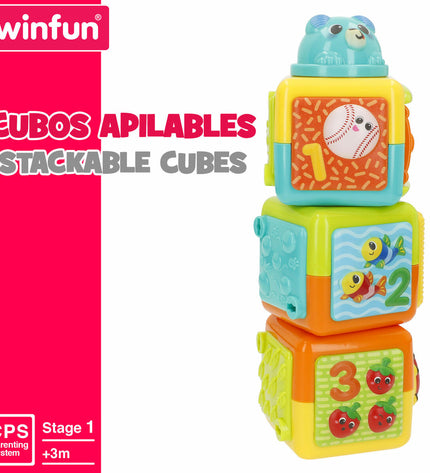 Set of six Winfun baby stacking blocks in various colors, measuring 8.5 x 25 x 8.5 cm, suitable for young children.