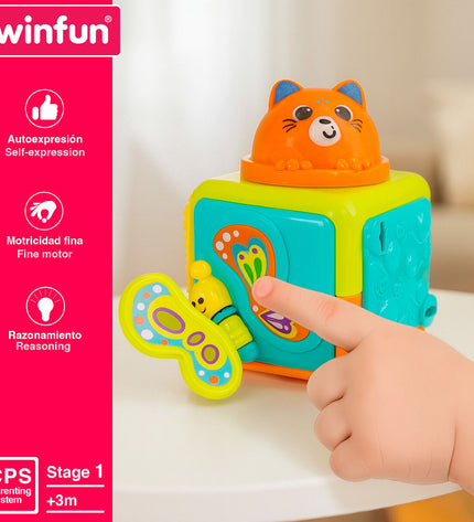 Set of six Winfun stacking blocks for babies, colorful, 8.5 x 8.5 x 25 cm, made of safe, durable plastic for young children.