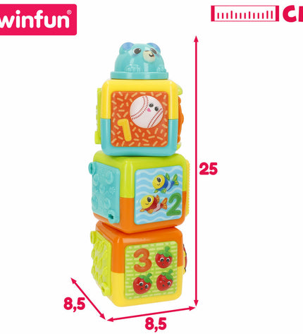 Winfun baby stacking blocks set with 6 colorful wooden blocks, measuring 8.5 x 25 x 8.5 cm, for young children's play.