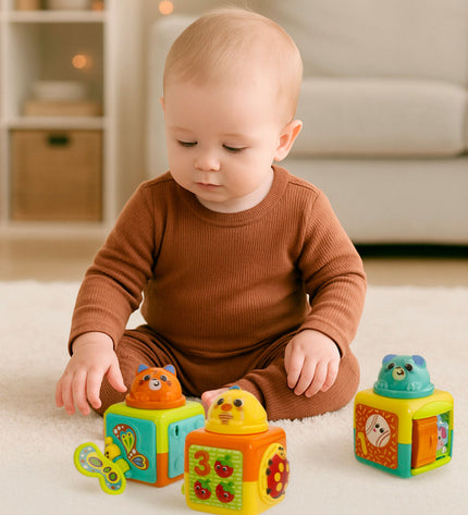 Set of six Winfun stacking blocks for babies, colorful wooden toys measuring 8.5 x 25 x 8.5 cm, designed for young children’s play.