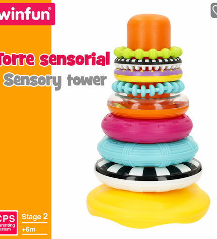 Set of 6 Winfun stacking blocks for babies, colorful plastic toys for young children, measuring 13x20x13 cm each.