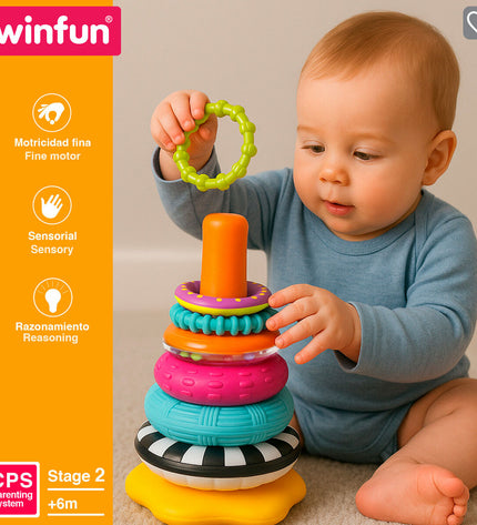 Set of 6 Winfun baby stacking blocks measuring 13x20x13 cm, colorful educational toys for young children.
