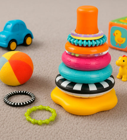 Winfun baby stacking blocks set with six colorful wooden pieces, measuring 13 x 20 x 13 cm, for young children's play.