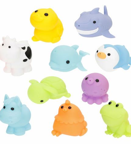 Set of four Winfun animal bath toys, each measuring 6x4.5x8 cm, designed for fun bath time with colorful animal figures.