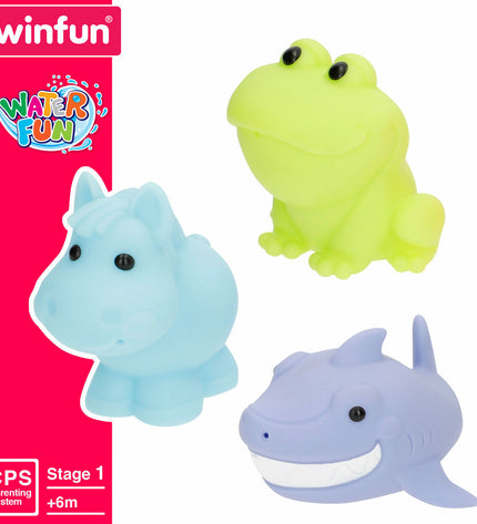 Set of four Winfun bath toys featuring animal shapes, each measuring 6x4.5x8 cm, designed for children's bath time fun.