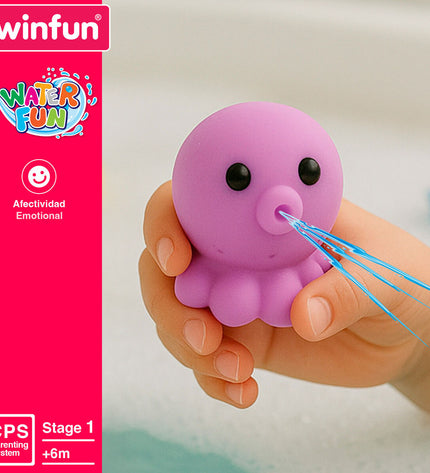 Set of four Winfun animal bath toys, each about 6x4.5x8 cm, designed for fun in the bath for kids.