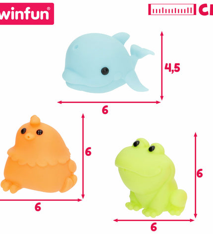 Set van vier baddieren voor kinderen van Winfun, inclusief badhuis en kookdieren, geschikt voor badtijd en spel.