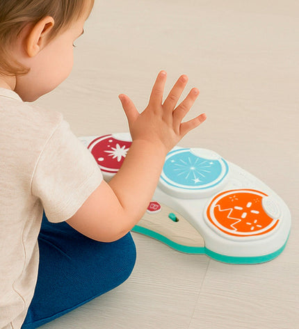 Set of four PlayGo musical toys for babies, colorful and small, measuring 33x5x15 cm, designed for young children’s play.