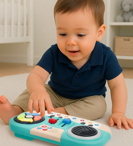 Set of four PlayGo music toys for babies, colorful and small, measuring 31x4x17 cm each, designed for young children’s playtime.