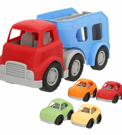 Two PlayGo toy trucks, carrier and freight vehicle, measuring 34x18x13 cm, designed for children's play and vehicle collection.