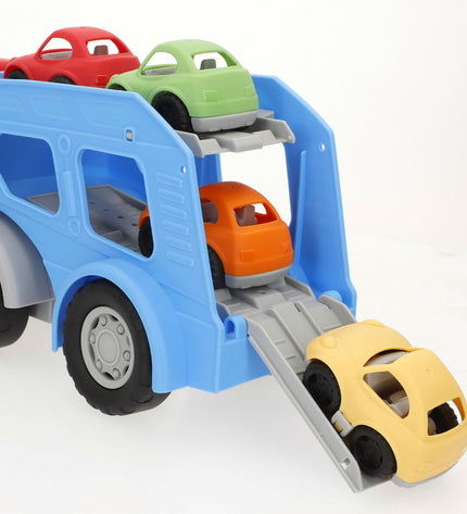 PlayGo toy trucks carrier set with two trucks, measuring 34x18x13 cm, suitable for children, in colorful vehicle design.