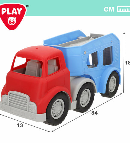 PlayGo toy truck carrier set with two colorful trucks, measuring 34x18x13 cm, designed for children’s vehicle play.