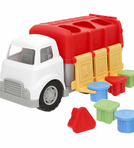 Two PlayGo toy garbage trucks measuring 34x17x18 cm, colorful plastic vehicles for kids' play and imaginative role-play.
