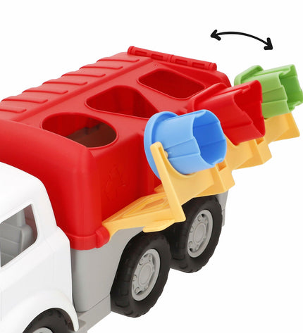 Two PlayGo toy garbage trucks, 34x17x18 cm, detailed plastic vehicles for children, colorful and realistic design.