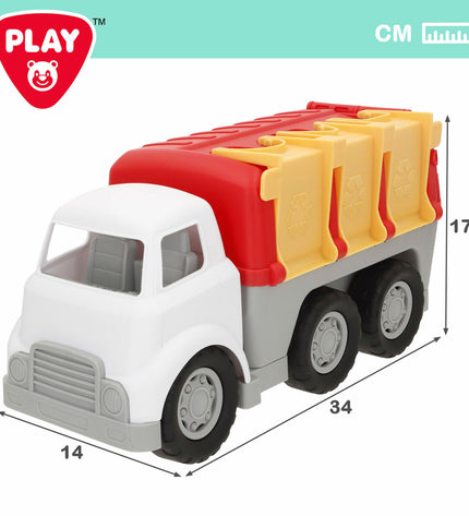 PlayGo toy garbage trucks, set of two, measuring 34x17x18 cm, colorful plastic vehicles for kids' imaginative play.