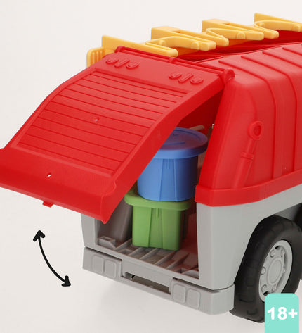Two PlayGo toy garbage trucks, measuring 34x17x18 cm, designed for children, featuring realistic vehicle details and bright colors.