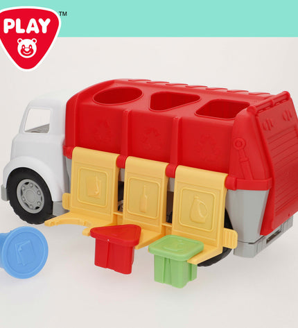 Two PlayGo toy garbage trucks, plastic vehicles with realistic details, measuring 34 x 17 x 18 cm, for children's play.