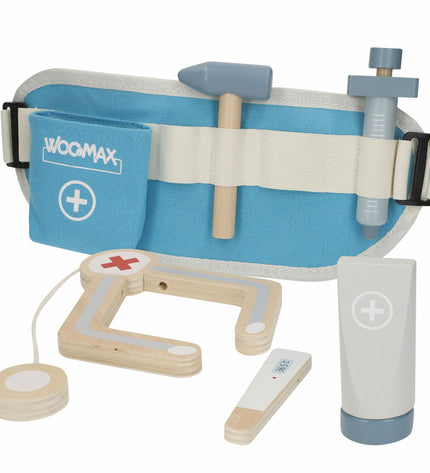 Set of six Colorbaby health center toy playsets with realistic medical tools for imaginative role-playing.